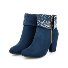 (Blue, 39) Autumn Fashion Womens Winter Rhinestone Chunky Zipper Leather Boots Martin Boots
