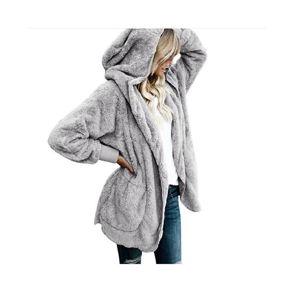 (LightGray, L) Fluffy Women Winter Coat Fleece Fur Jacket Teddy Bear Hoodies Outerwear Casual