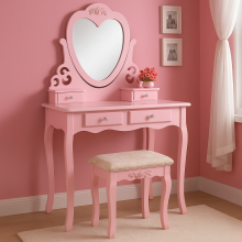 Pink Love Heart Dressing Table with Mirror & Cushioned Stool - 75x40x130 cm, MDF, Easy-Clean Finish