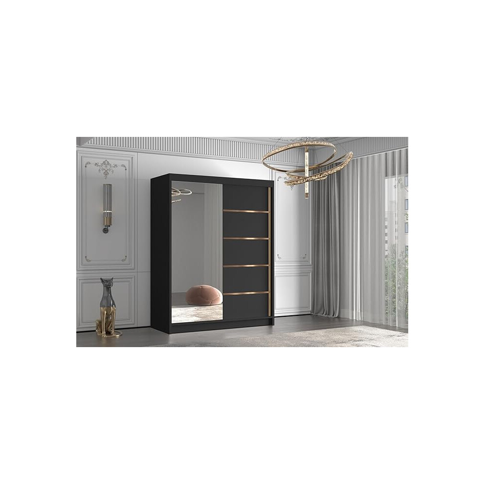 Gaba Furniture Gaba Black / Gold 120 Cm Sliding Door Wardrobe With Mirror Black,Gold