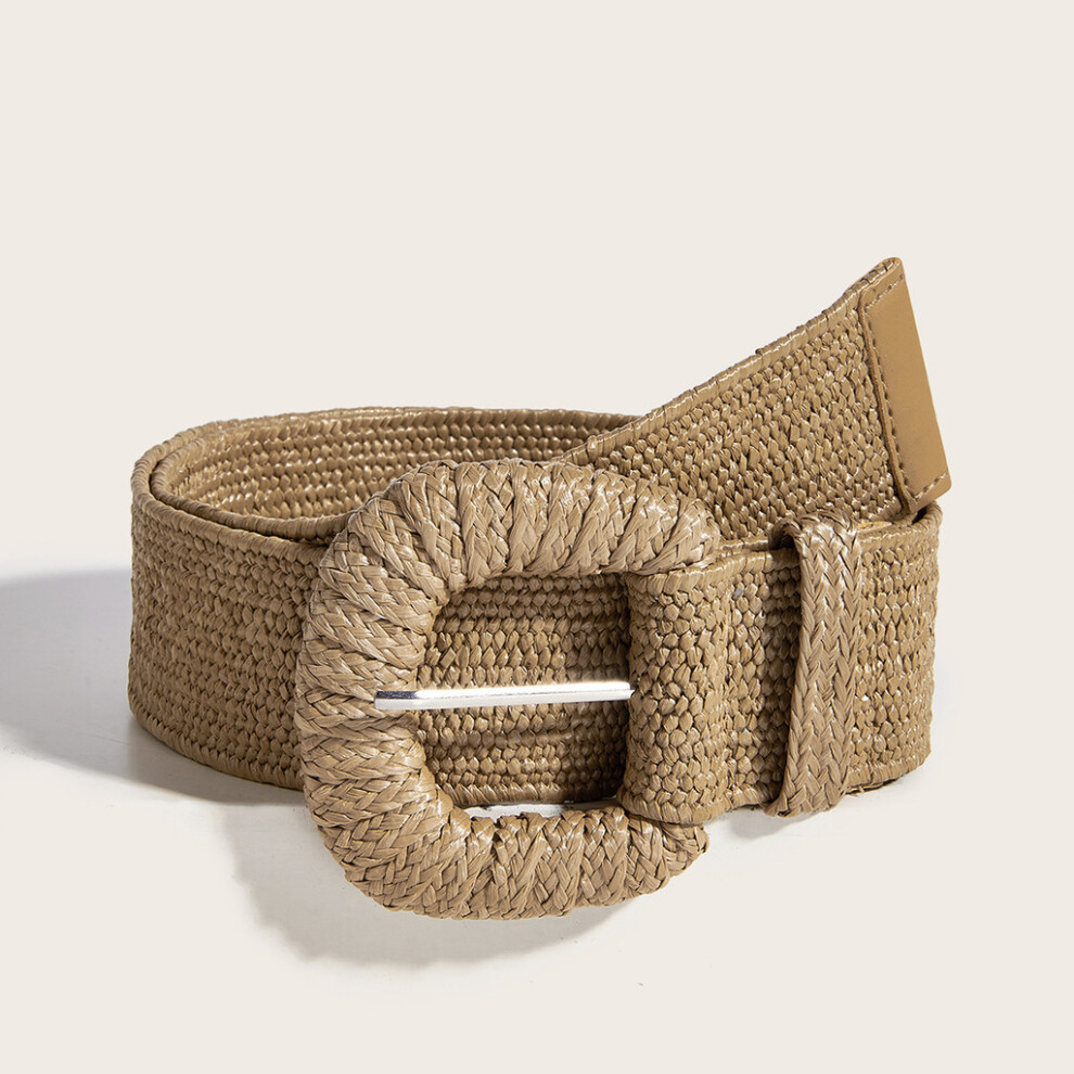 (Khaki) Style Weaving Pp Straw Braid Belt Round Buckle Wide Design Dress Outfit Summer
