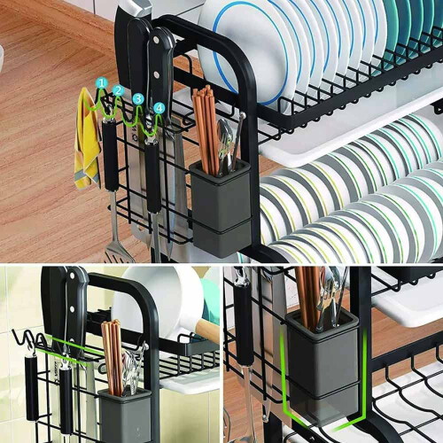 2 Tier Dish Drainer Rack Cutlery Holder Plate Rack Kitchen + Drip Tray 2