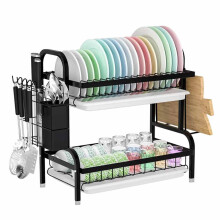 2 Tier Dish Drainer Rack Cutlery Holder Plate Rack Kitchen + Drip Tray