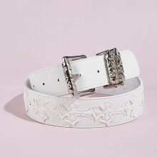 (White)Retro Einfarbig Stil Kreuz Blume Leder Taillengürtel Druckknopf Clip Männer Sommer