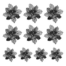 10 Stück Glitzer Poinsettia 9cm Künstliche Blumen Weihnachten für Hochzeits- und Partykränze Schwarzer Farbe