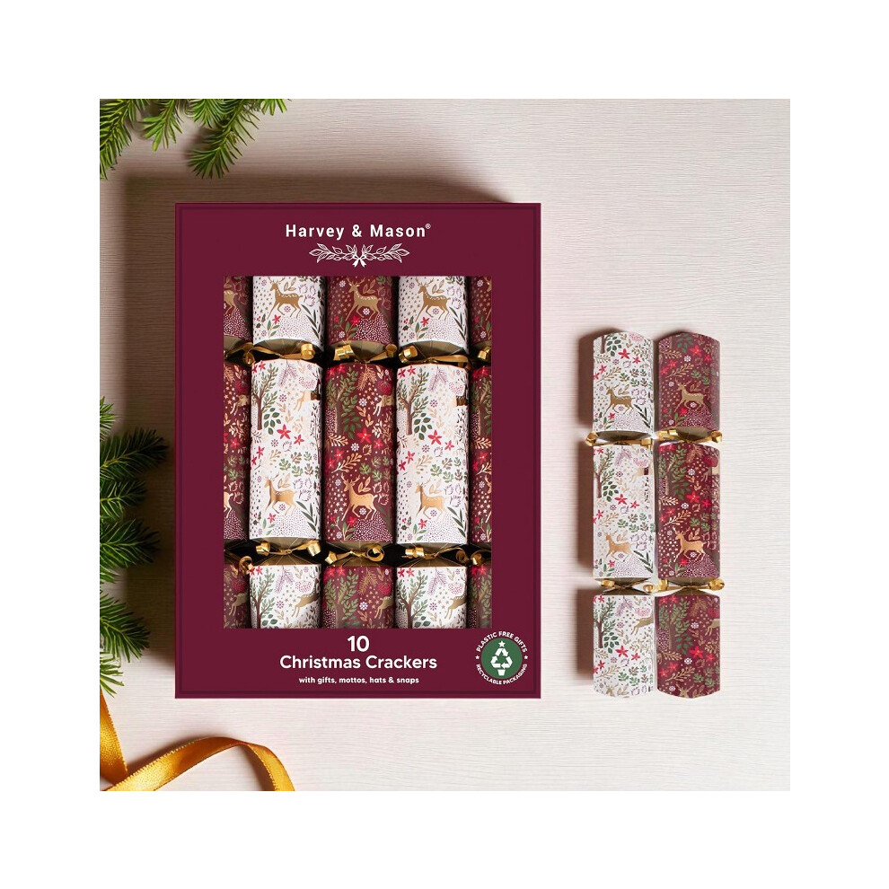 Harvey & Mason 10 Traditional Christmas Crackers Reindeer 14 Inch Burgundy/White