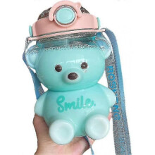 (1000ml, Blue) Bear Water Bottle With Straw, Kawaii Leak-proof Water Jug With Adjustable Shoulder Strap For Camping Travel TW