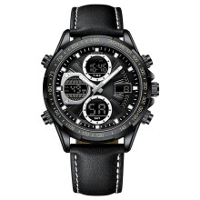 (Black shell and black face leather strap (single watch)) Multi-functional genuine leather men's business watch, luminous waterproof sports dual-display electronic quartz watch