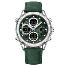 (Silver case green leather strap (single watch)) Multi-functional genuine leather men's business watch, luminous waterproof sports dual-display electronic quartz watch