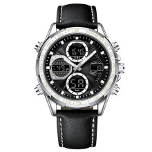 (Silver case, black surface leather strap (single watch)) Multi-functional genuine leather men's business watch, luminous waterproof sports dual-display electronic quartz watch