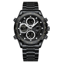(Black shell and black face steel band (single table)) Multi-functional genuine leather men's business watch, luminous waterproof sports dual-display electronic quartz watch