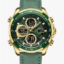 (Gold case, green leather strap (single watch)) Multi-functional genuine leather men's business watch, luminous waterproof sports dual-display electronic quartz watch