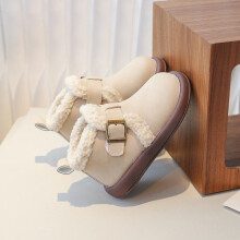 (Beige, 24) Girls Winter Thick Warm FurLined Shoes Kids Thermal ShortBoots Flat Ankle Bootie