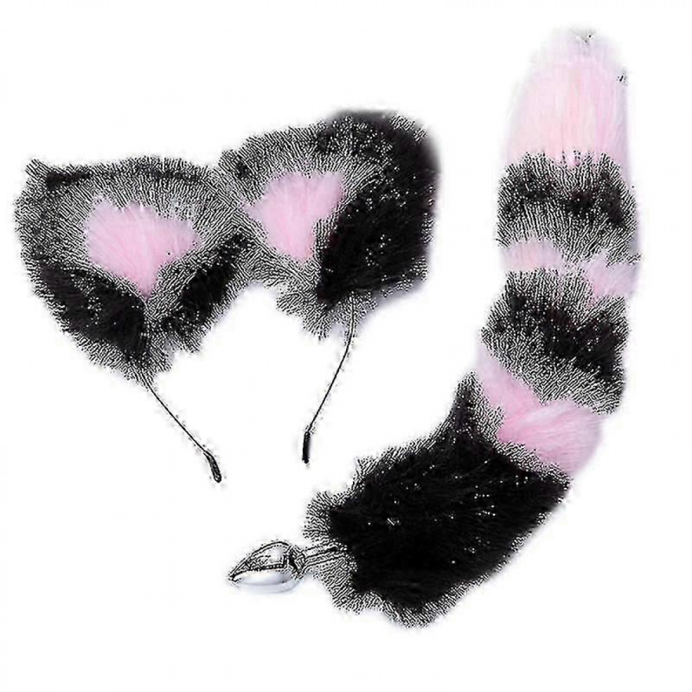 Black/Pink Fluffy Rabbit Tail Butt Plug With Cat Ear Headband Set For Cosplay Adult