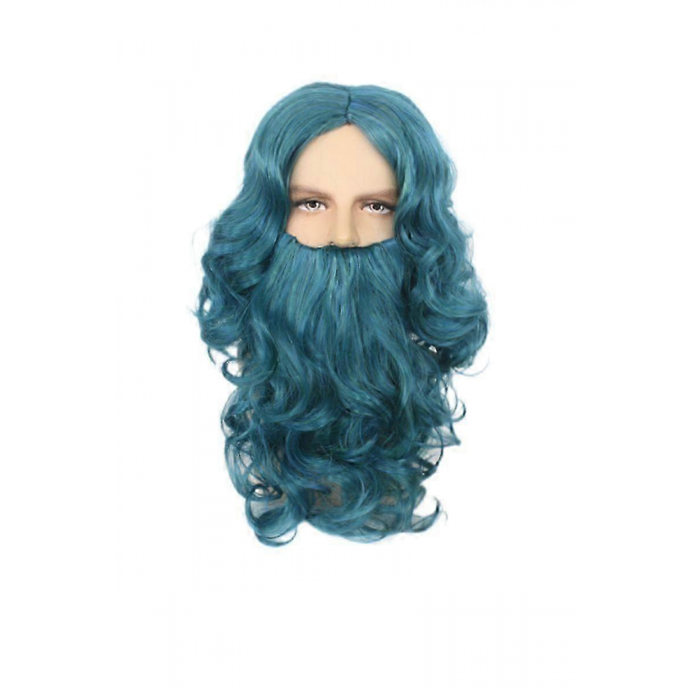 Unisex Blue,White Blue White Gray Middle Part Long Curly Wig With Beard For Cosplay Halloween Santa Claus Peacock Blue