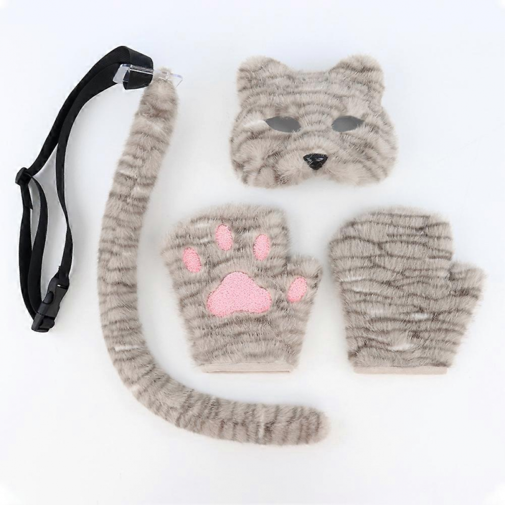 Halloween Cat Mask Plush Tail Gloves Handmade 3-Piece Cosplay Party Set Khaki One Size-image-OPC-PJRWTYW-NEW