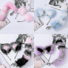 Fluffy Rabbit Tail Butt Plug with Cat Ear Headband Set for Cosplay and Adult Play White Pink