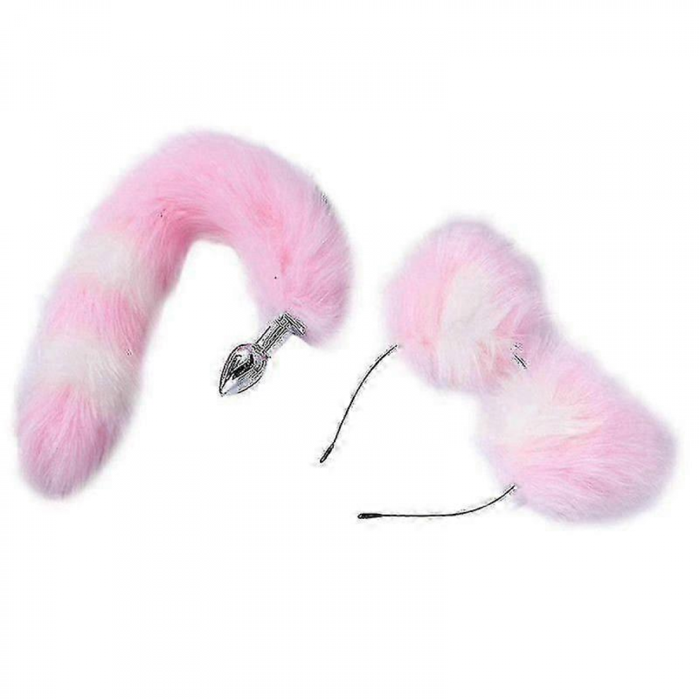 Pink/White Fluffy Rabbit Tail Butt Plug With Cat Ear Headband Set For Cosplay Adult