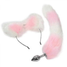 Fluffy Rabbit Tail Butt Plug with Cat Ear Headband Set for Adult Cosplay, White and Pink