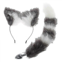 Fluffy Rabbit Tail Butt Plug with Cat Ear Headband Set for Cosplay SM Adult Gray White