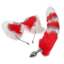 Fluffy Rabbit Tail Butt Plug with Cat Ear Headband Set for Cosplay Adult White Red