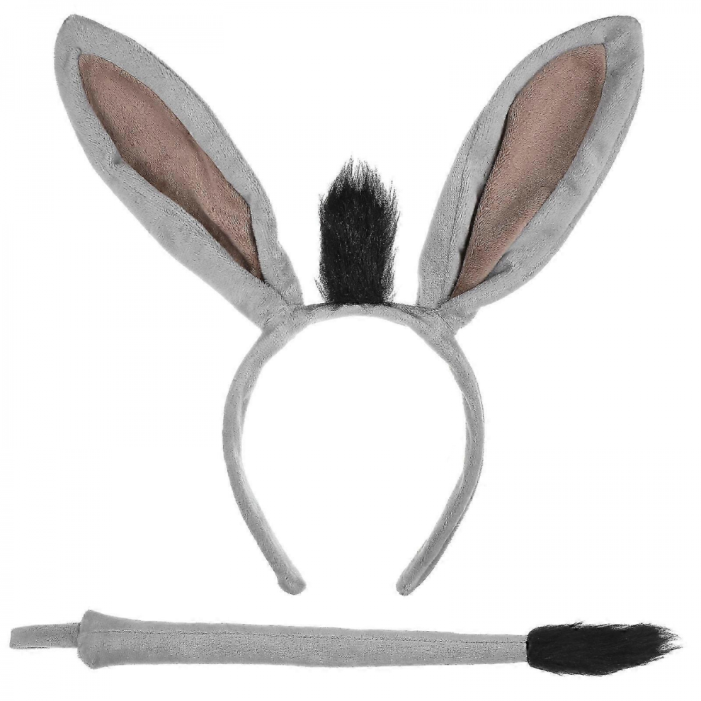 Grey Cosplay Donkey Ears Headband & Tail Plush Set for Halloween 26.50X25.50X1.50CM-image-OPC-PJRWWHD-NEW