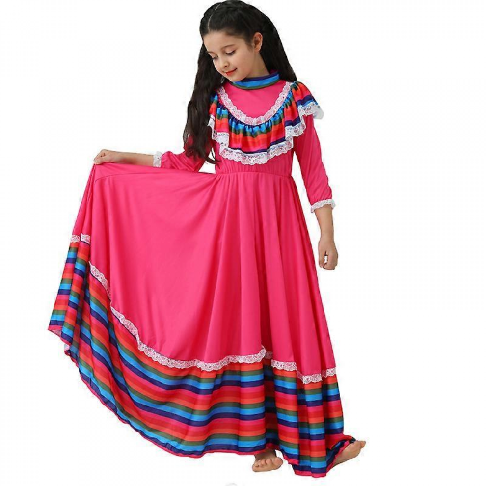 Lanman Halloween Mexican Girl Flared Dress Day of the Dead Kids Costume Green Red Yellow XS/S/M/L-image-OPC-PJRWWYG-NEW