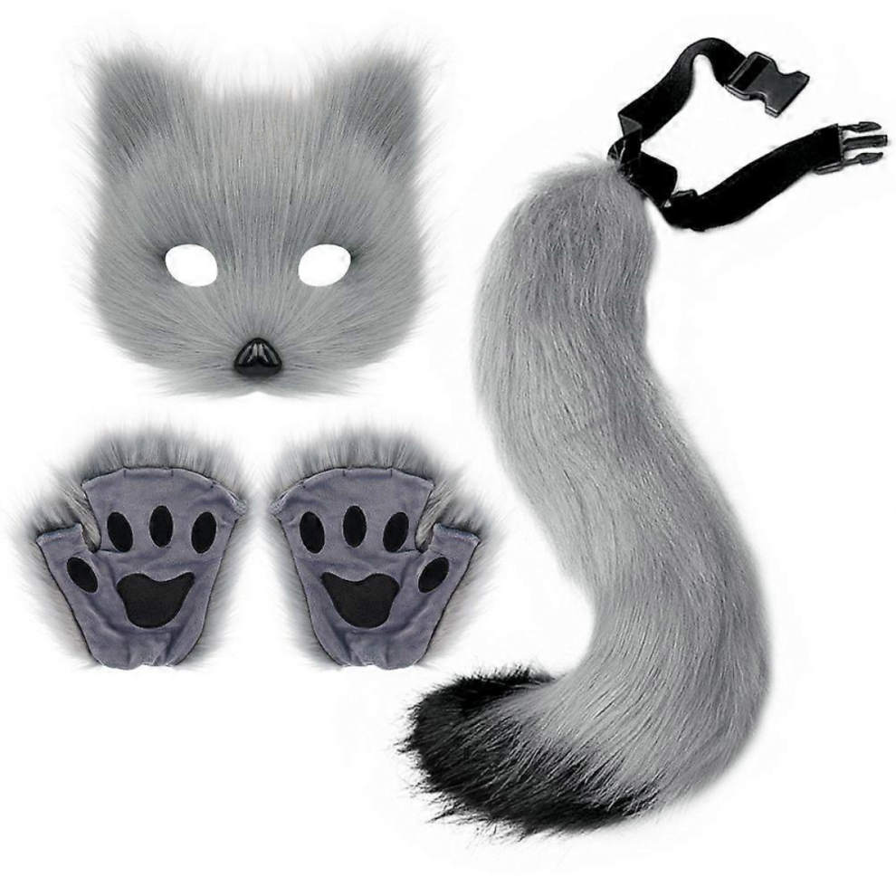Handmade Grey Fox Mask Gloves Plush Tail Halloween Cosplay Animal Costume Props Set-image-OPC-PJRWYGR-NEW