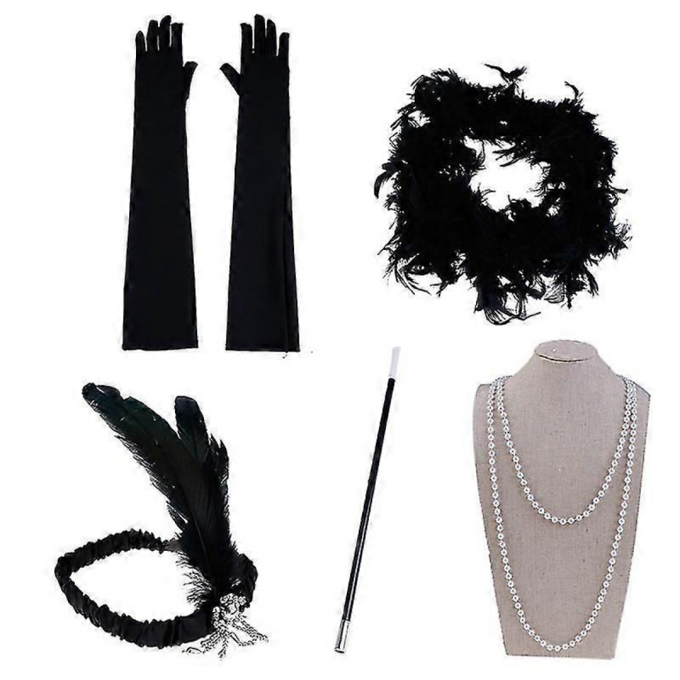1920s Flapper Girl Fancy Dress Set with Accessories, Black, 1 Set-image-OPC-PJRWZ9Q-NEW