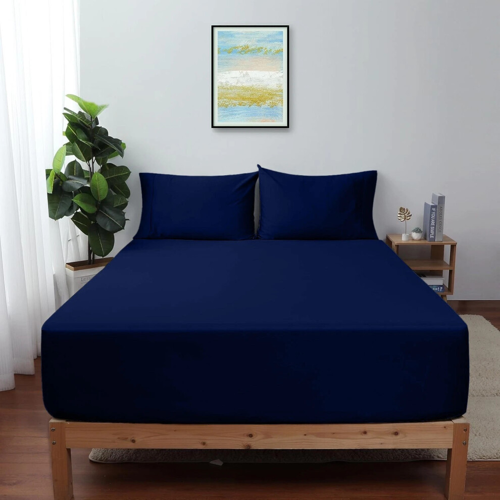 (Super King: (180 x 200 cm), Navy Blue) Hotel Quality Bed Sheets Single Double King Size Fitted Sheet-image-OPC-PJRWMVP-NEW