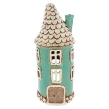 (Round Tall Teal) Village Pottery House Tea Light Holder