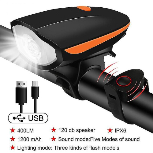 (orange Light) Bicycle Front Light with Bike Horn USB Rechargeable Lantern Tw