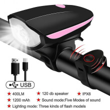 (pink Light) Bicycle Front Light with Bike Horn USB Rechargeable Lantern Tw