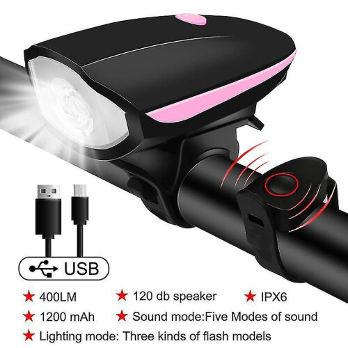 (pink Light) Bicycle Front Light with Bike Horn USB Rechargeable Lantern Tw
