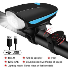 (blue Light) Bicycle Front Light with Bike Horn USB Rechargeable Lantern Tw