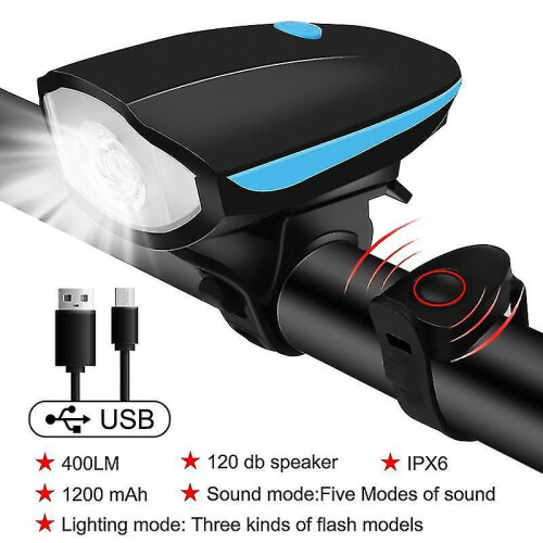 (blue Light) Bicycle Front Light with Bike Horn USB Rechargeable Lantern Tw
