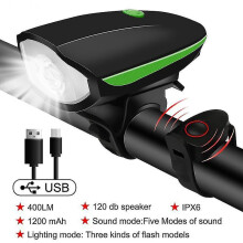 (green Light) Bicycle Front Light with Bike Horn USB Rechargeable Lantern Tw