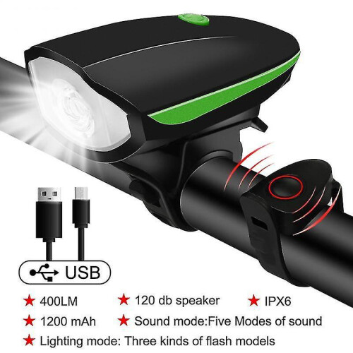 (green Light) Bicycle Front Light with Bike Horn USB Rechargeable Lantern Tw