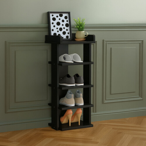 Neo Black Multi-Layer Wooden Shoe Rack Durable Storage Organiser Boots Sneakers Heels Space Saving Entryway Shelf