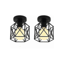 Set Of 2 Industrial Metal Square Cage Ceiling Light, Chandelier Iron Shade Light Fixture E27 40w Black for Living Room Bedroom Bar Tw