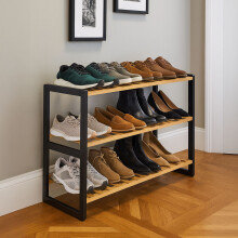 Neo Black/Wood 3-Tier Bamboo Shoe Rack Stand Natural Wooden Shoe Storage Shelf for Hallway Bedroom Bathroom