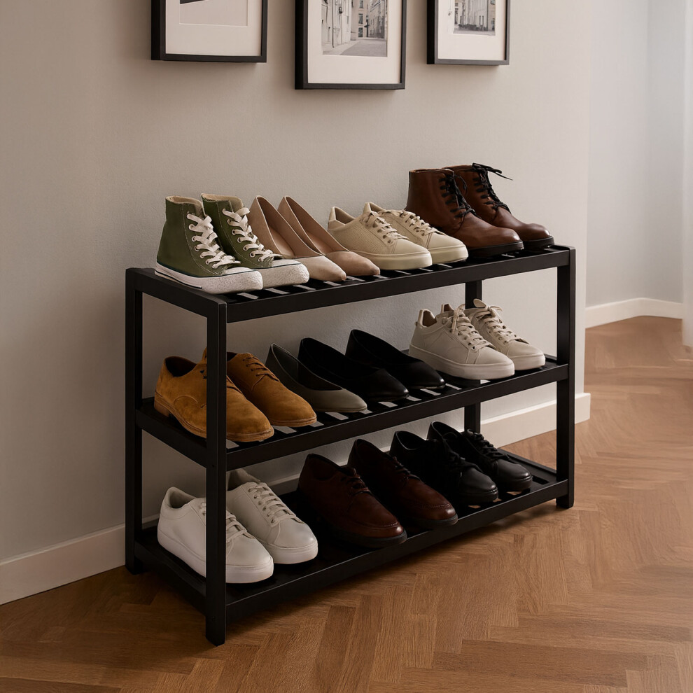 Neo 3-Tier Bamboo Shoe Rack Stand Natural Wooden Shoe Storage Shelf For Hallway Bedroom Bathroom Black