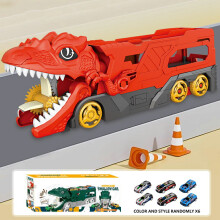 (Red) Y333-152 Dinosaur Transport Truck Toys Slide Game Kids Birthday Holiday Gift with 6 Race Cars