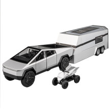 (Silver) Tesla Cybertruck Pickup Trailer RV Model with Off-Road Motorcycle Realistic Alloy Car Model Set