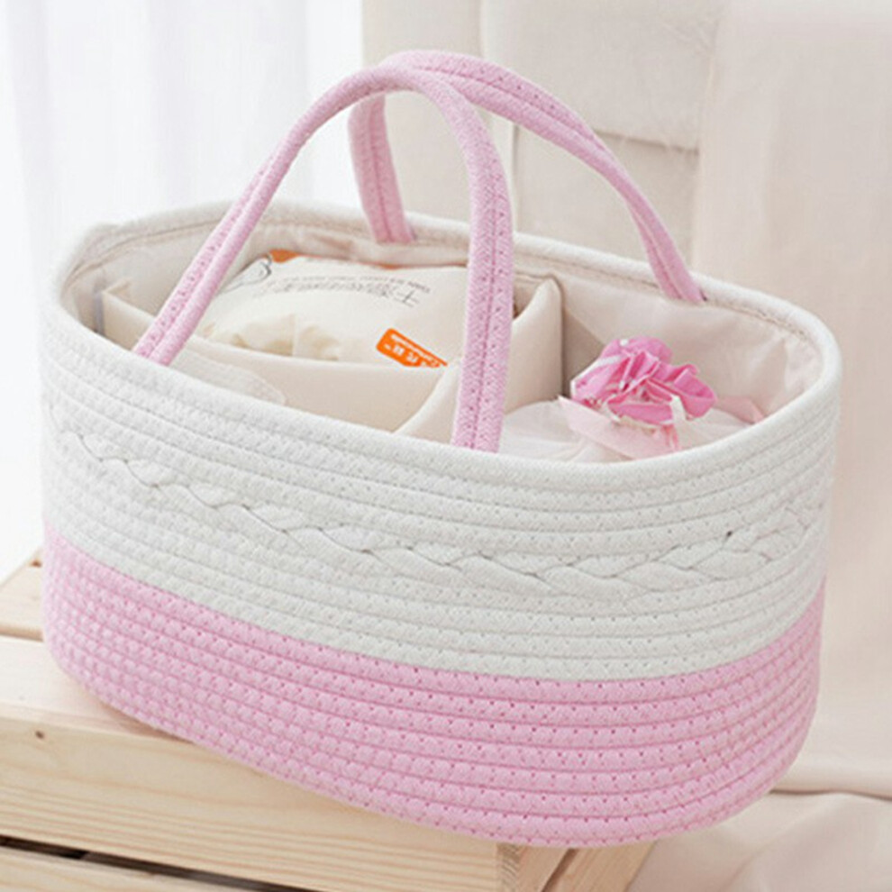 (Pink) Baby Diaper Caddy Organizer Cotton Rope Portable Nursery Storage Basket,38X25x17cm Pink