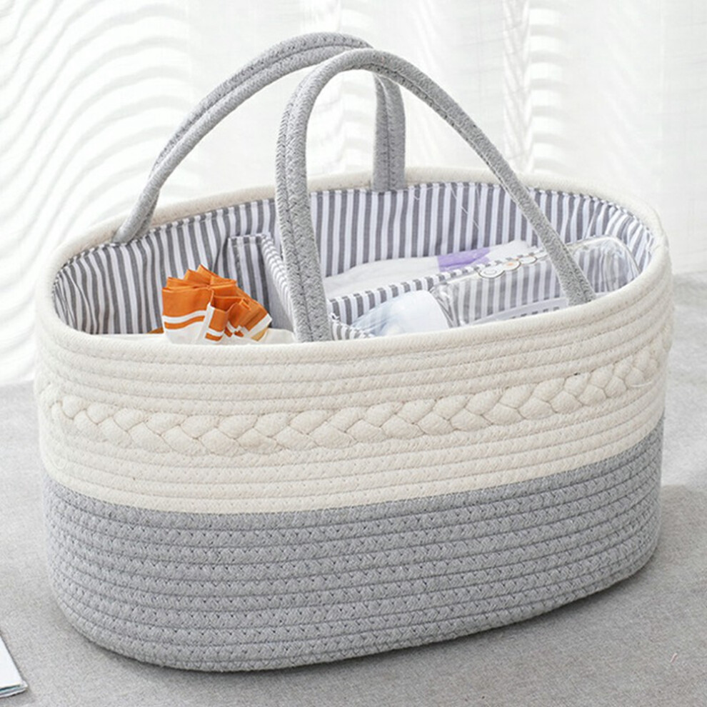 (Grey) Baby Diaper Caddy Organizer Cotton Rope Portable Nursery Storage Basket,38X25x17cm Grey