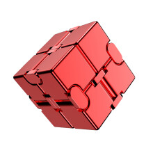 (Red) Aluminum Alloy Infinite Cube Metal Stress Relief Office Flip Cubic Toy Creative Fingertip Decompression Block