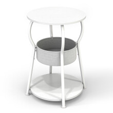 (White wood grain) 696-BS1-3-Tier Round Side Table with Cloth Storage Basket,40x40x55cm