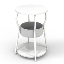 (White wood grain) 696-BS1-3-Tier Round End Table with Cloth Storage Basket,40x40x55cm
