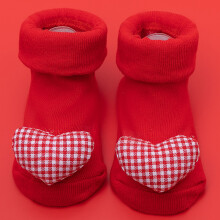 (Red Grid Heart/M) Anti-Slip Baby Floor Socks Cute 3D Cartoon Elastic Cotton Toddler Walking Socks